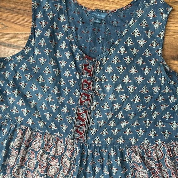 April Cornell Blue Sleeveless Dress Mixed Patchwork Tiered Button Front Women 1X - Picture 2 of 7